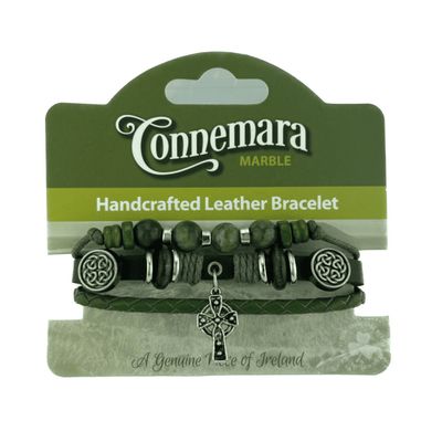 Celtic Cross Charm Leather and Marble Hippy Bracelet