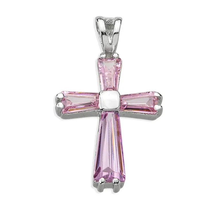 Pink Zircon Cross Pendant on a 18" Rhodium Plated Chain