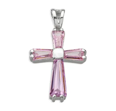 Pink Zircon Cross Pendant on a 18" Rhodium Plated Chain