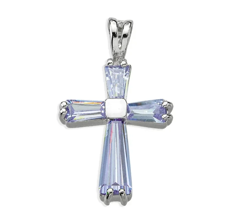 Light Sapphire Zircon Cross Pendant on a 18" Rhodium Plated Chain