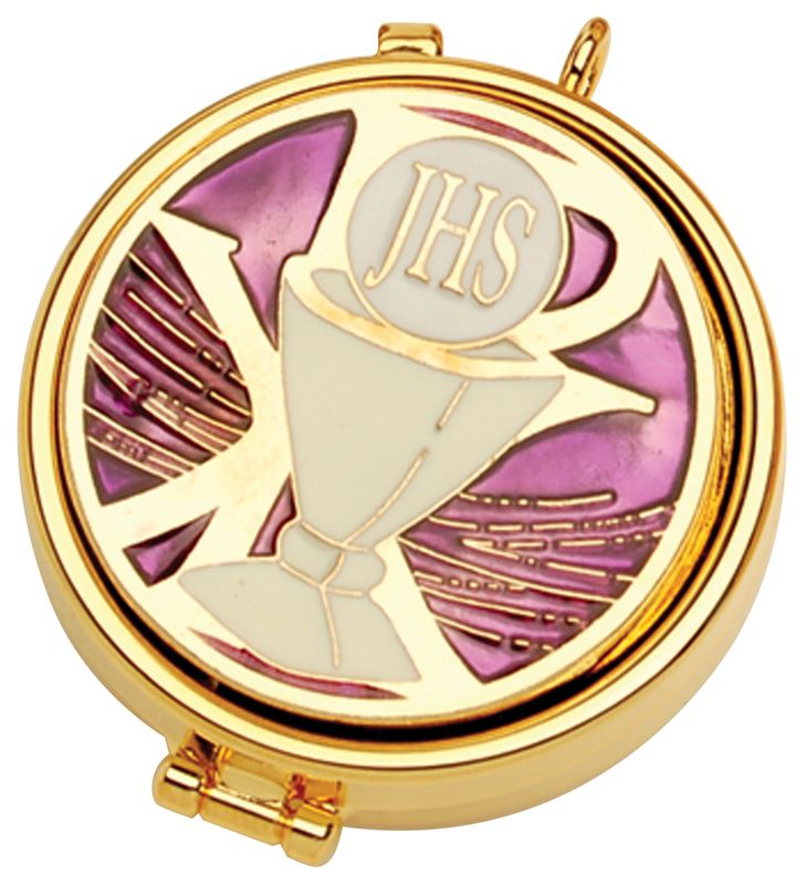 Pyx, 24kt Gold Plate, Pink Chalice Enameled Emblem Pyx, 24kt Gold Plate, Pink Chalice Enameled Emblem