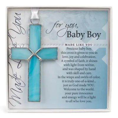 New Baby Boy Gift: Light Blue Stained Glass Cross