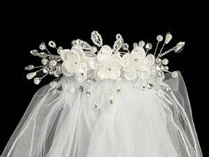 24" Veil - Organza &amp; Corded Flowers with Rhinestones T-309