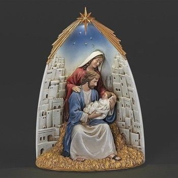 9"H Lighted Building of Stone with Holy Family