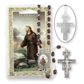 Brown Wood Bead Saint Francis 7 Decade Specialty Rosary Boxed