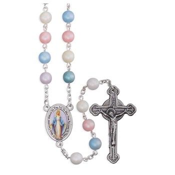 7mm Multi-Colored Madre Perla Frosted Beads Rosary with Colored Miraculous Medal Center and Crucifix 7mm Multi-Colored Madre Perla Frosted Beads Rosary with Colored Miraculous Medal Center and Crucifix