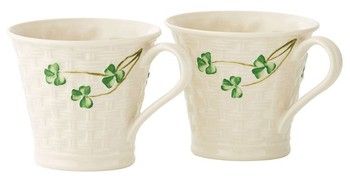 Belleek Shamrock Basketweave Mugs Set of 2
