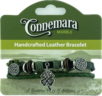 Four Leaf Clover Charm Leather and Marble Hippy Bracelet