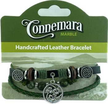 Shamrock Cluster Charm Leather and Marble Hippy Bracelet