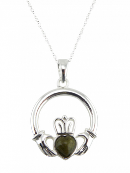 Connemara Marble Silver Plated Claddagh Pendant on a 18" Silver Plated Chain