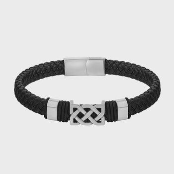 Rhodium Black Leather Celtic Knot Bracelet