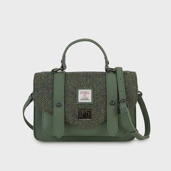 Harris Tweed® Leather Mini Satchel- Dark Green Herringbone