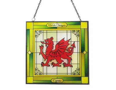 Welsh Dragon Stained Glass Hanging Panel Disc.