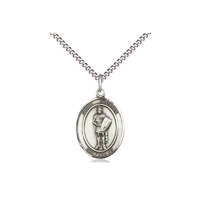 Sterling Silver St Florian medal on a 18" Light Rhodium Light Curb Chain