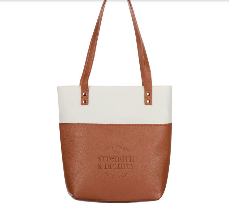 Strength &amp; Dignity Two-tone Toffee and Cream Felt Fashion Bible Tote Bag - Proverbs 31:25