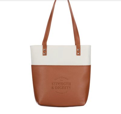 Strength &amp; Dignity Two-tone Toffee and Cream Felt Fashion Bible Tote Bag - Proverbs 31:25