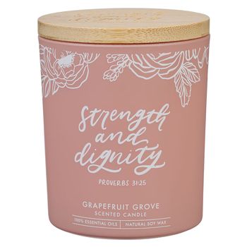 Strength and Dignity Grapefruit Scented Candle in a Peach Glass Jar- Proverbs 31:25