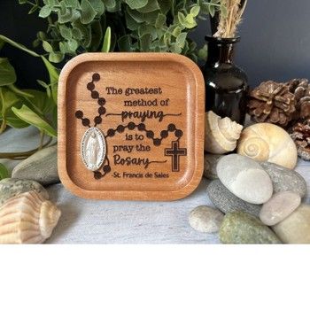 Pray the Rosary Cedar Trinket Dish with Miraculous Medal