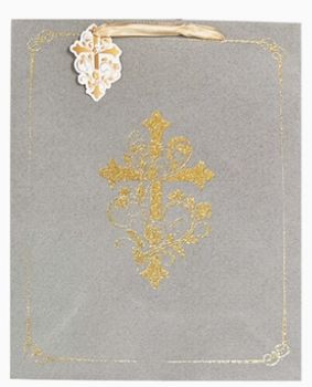 Religious Gift Bag- Cross, Grey- Large