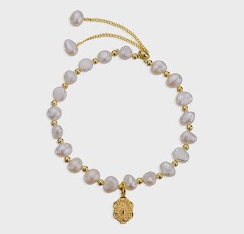 6mm Cultured Freshwater White Pearl W/ Gold Bead Plated Pull Bracelet W/ Gold Over Sterling Silver Small Miraculous Medal 6mm Cultured Freshwater White Pearl W/ Gold Bead Plated Pull Bracelet W/ Gold Over Sterling Silver Small Miraculous Medal