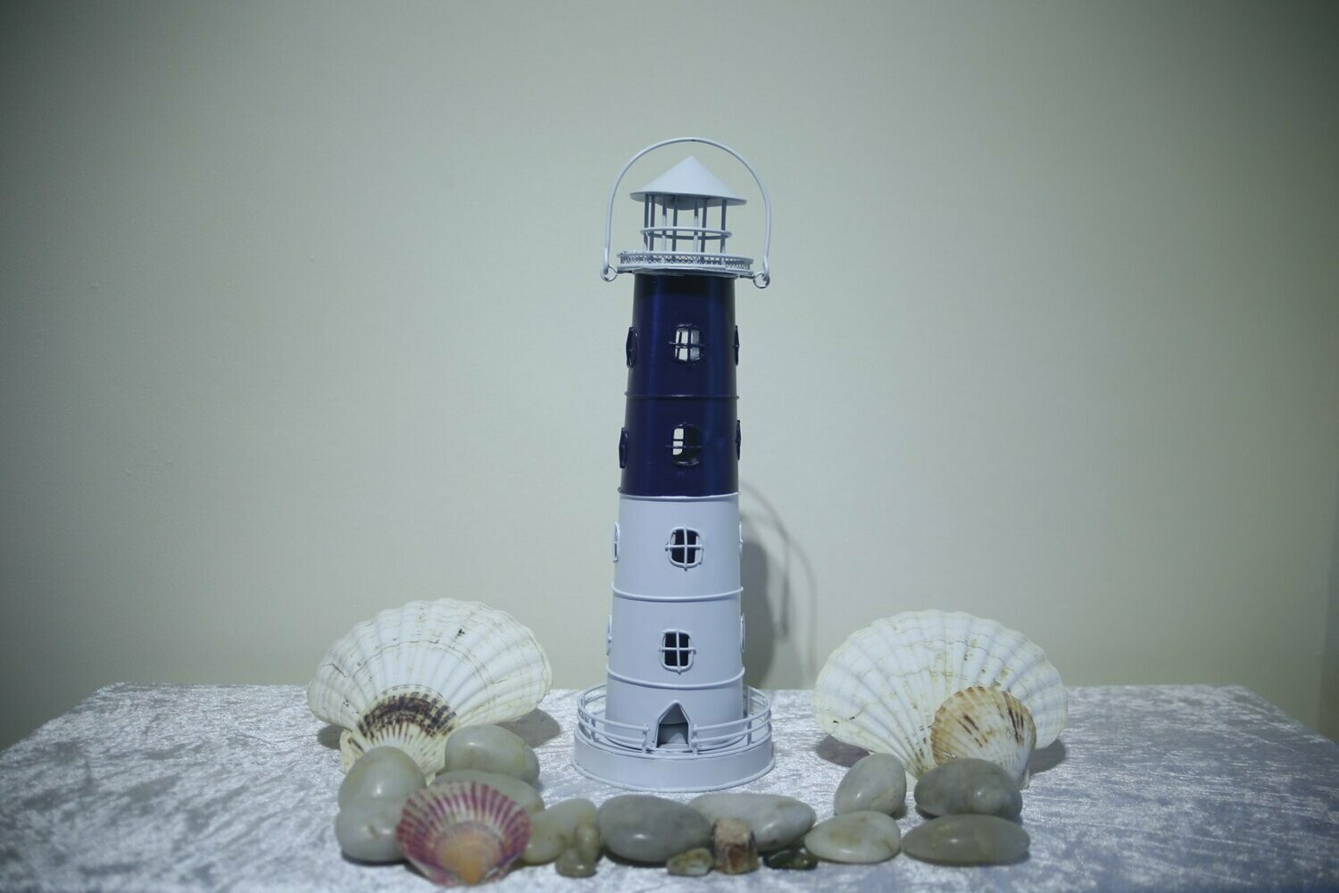 Navy and White Metal Tealight Lighthouse