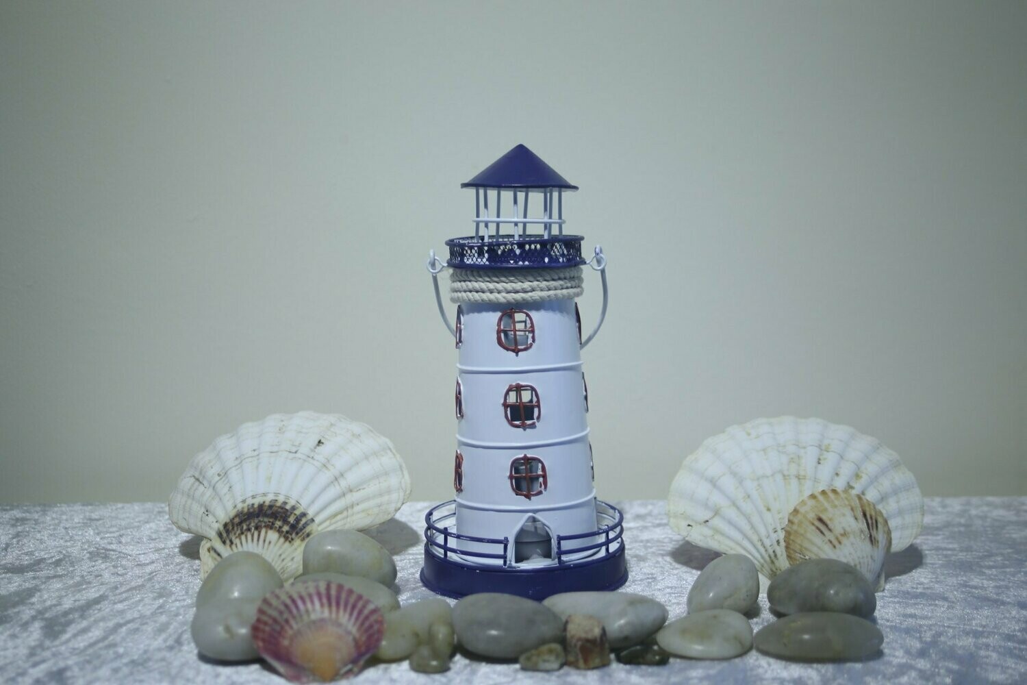 Rope, Navy and White Metal Tealight Lighthouse