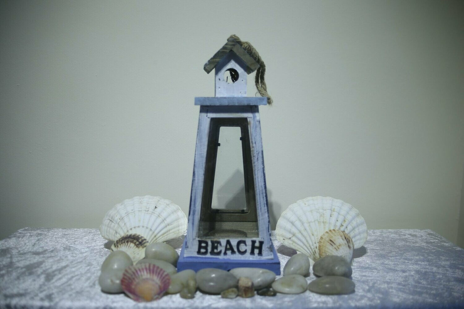 Light Blue Wooden Lantern with BEACH