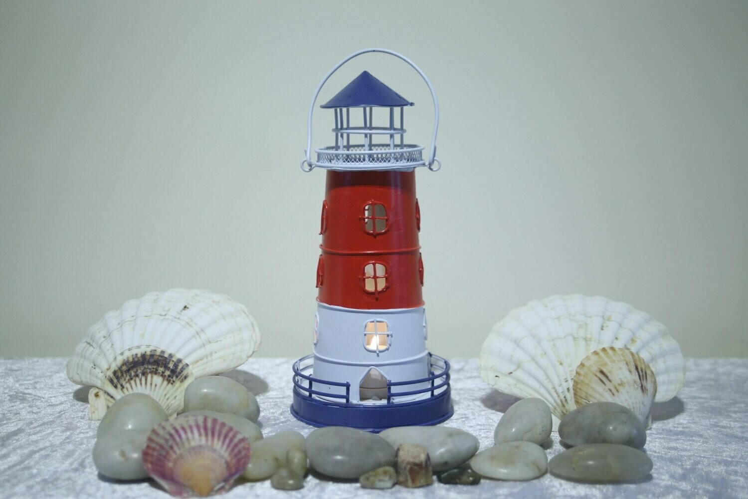 Red, White and Navy Metal Tealight Lighthouse