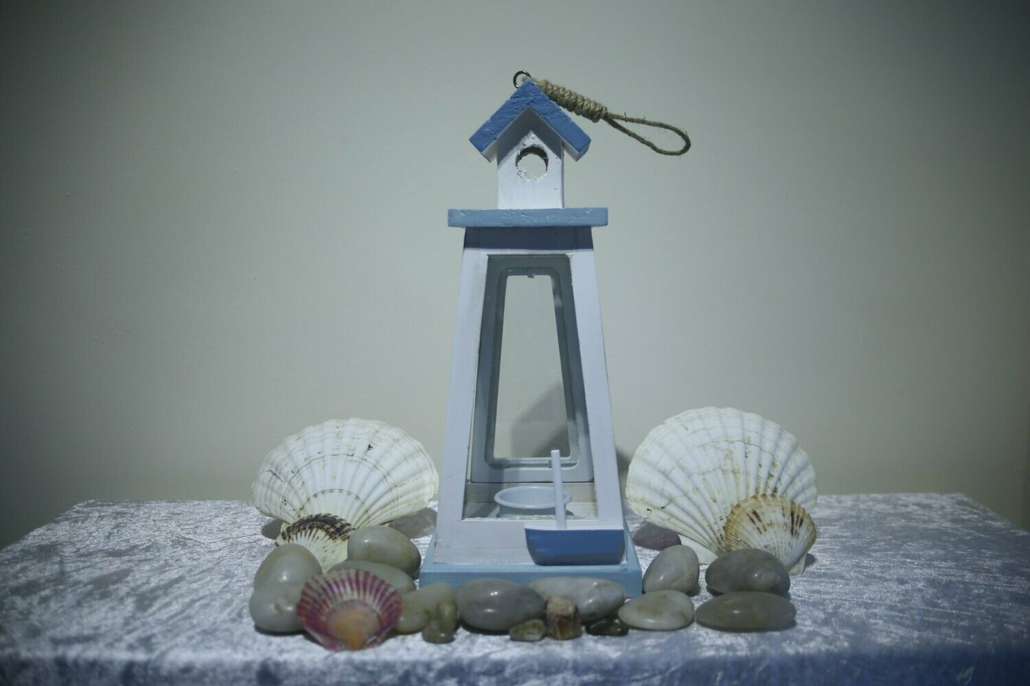 Light Blue Wooden Lantern with Boat