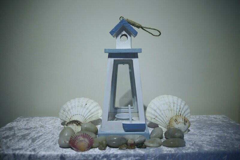 Light Blue Wooden Lantern with Boat