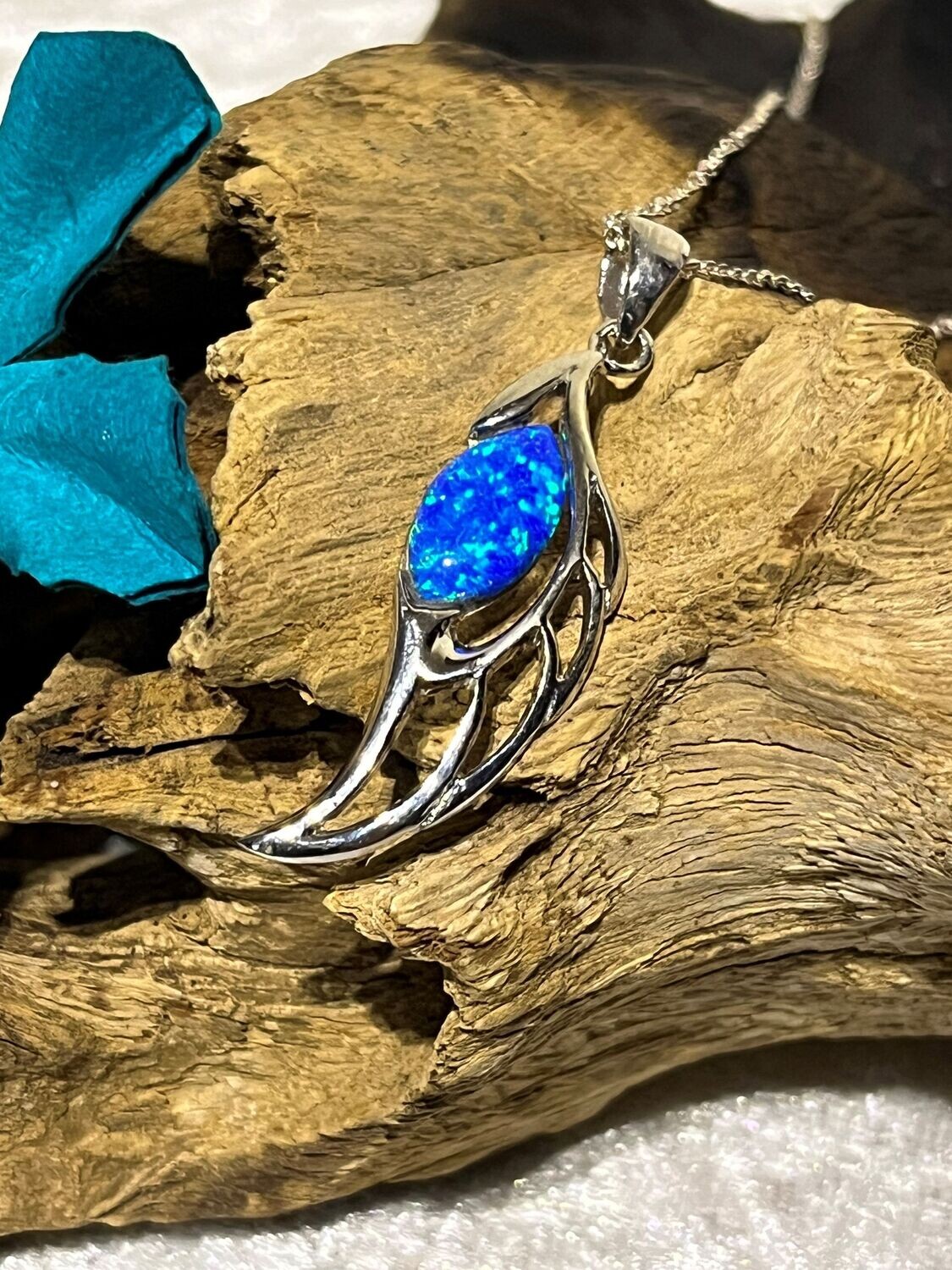 Blue Opal Angel Wing Silver Necklace
