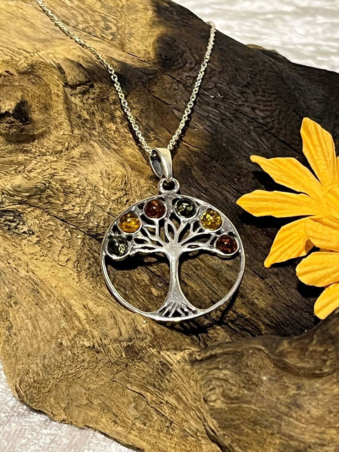 Amber Tree of Life Silver Necklace