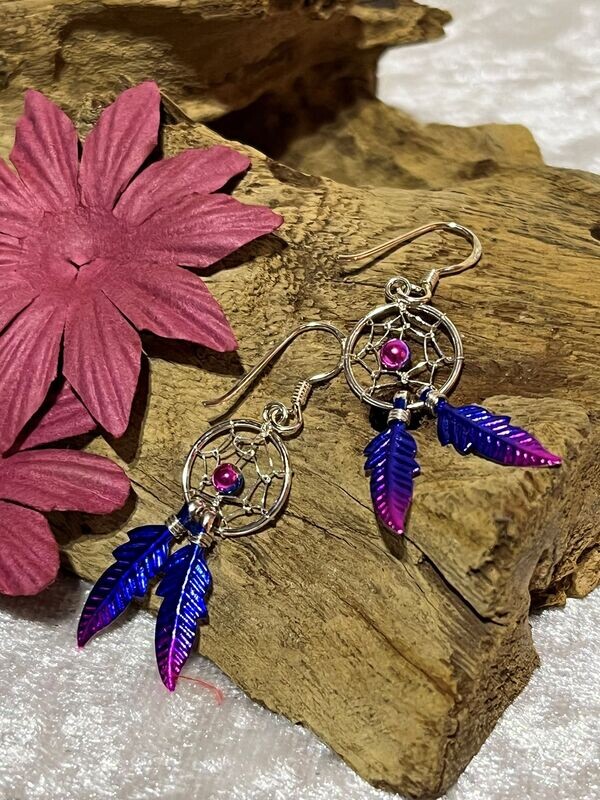 Blue Magenta Dream Catcher Silver Earrings