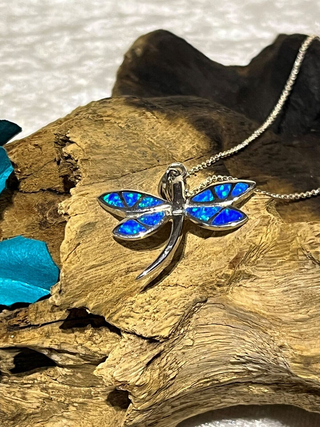 Blue Opal Dragonfly Silver Necklace