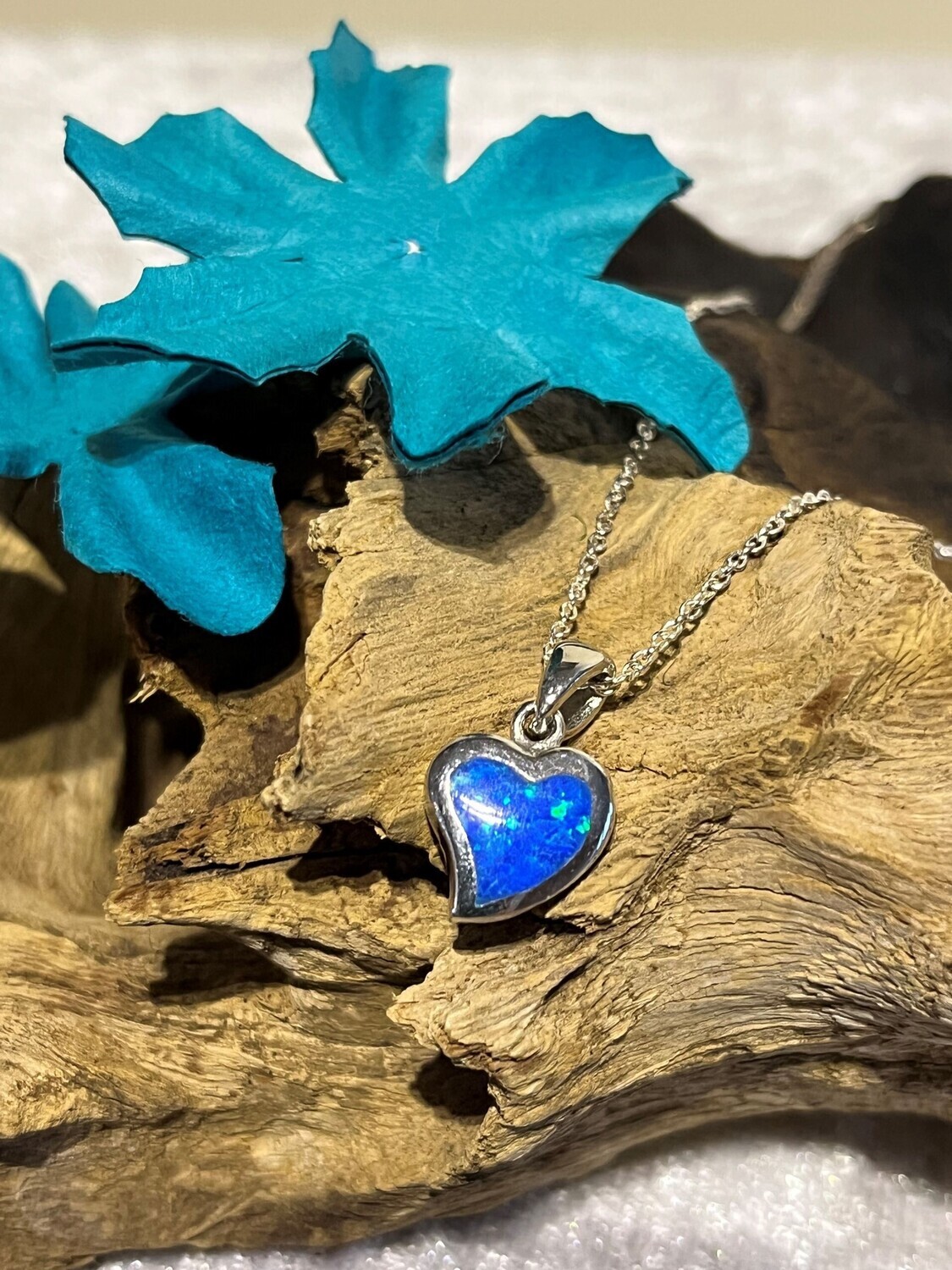 Blue Opal Heart Silver Necklace