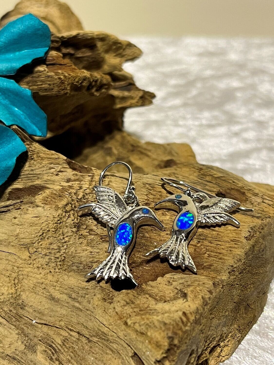 Blue Opal Hummingbird Silver Earrings