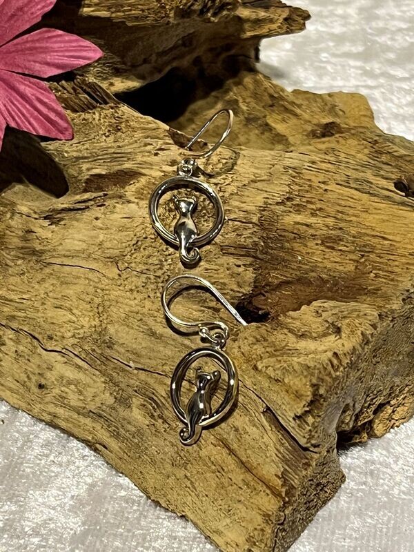 Cat Sitting on Moon Silver Earrings