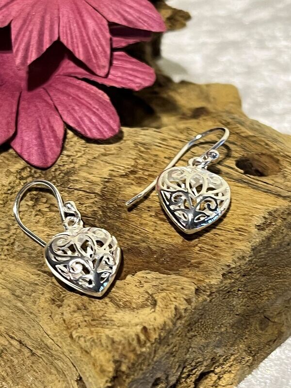 Filigree Puff Heart Silver Earrings