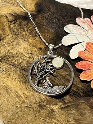 Moonstone Moon Gazing Hare Silver Necklace