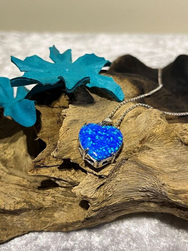 Blue Opal Heart Silver Necklace