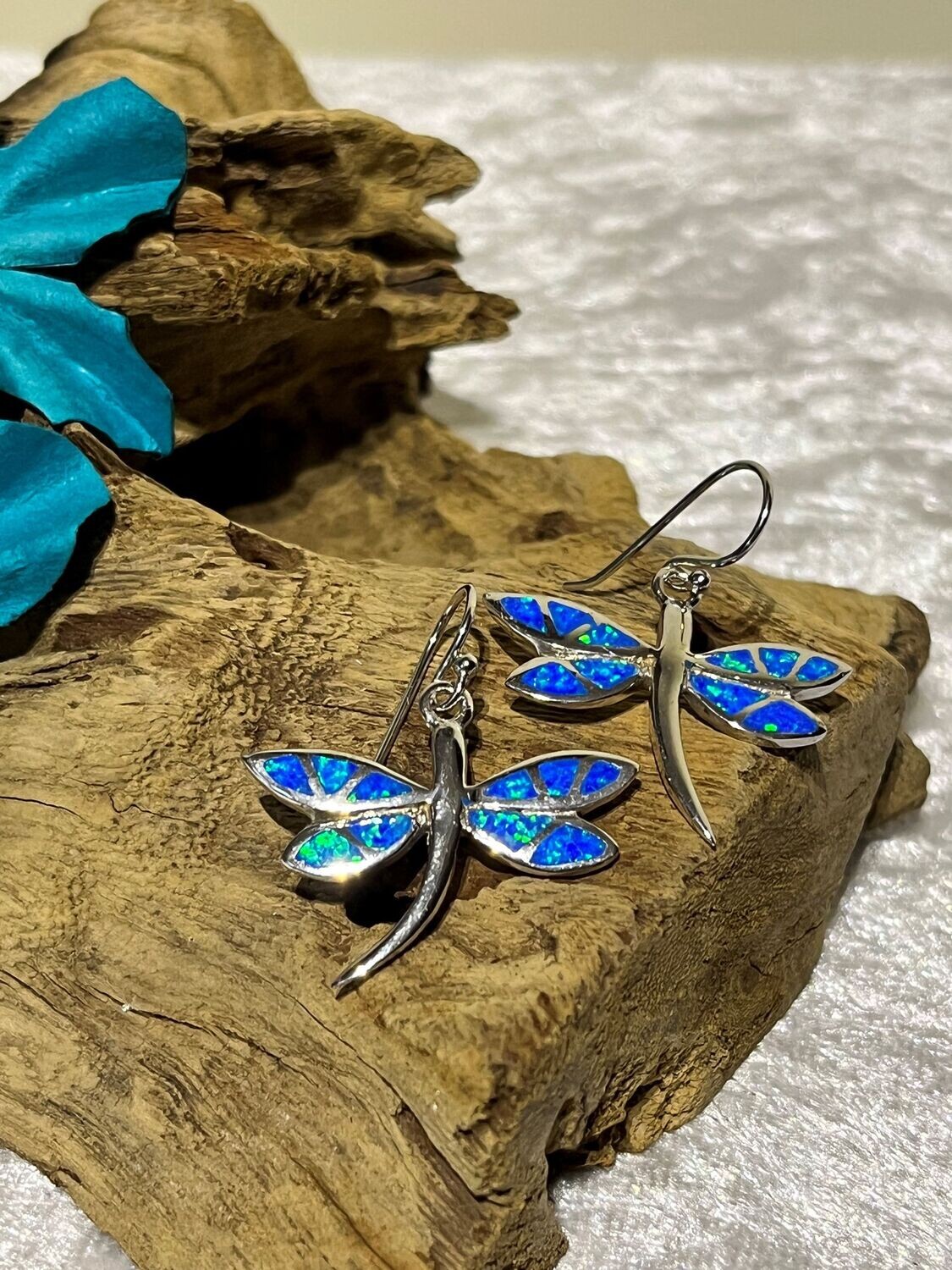 Blue Opal Dragonfly Silver Earrings
