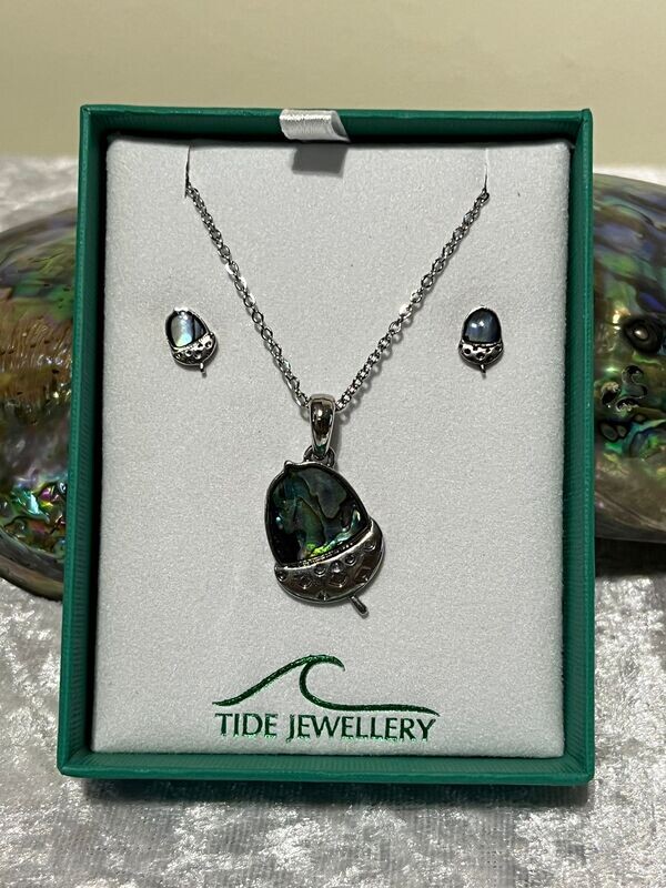 Acorn Paua Shell Necklace and Earrings Set