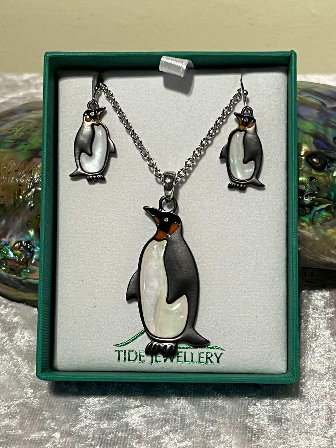 Mother of Pearl Emperor Penguin Necklace and Earrings Set