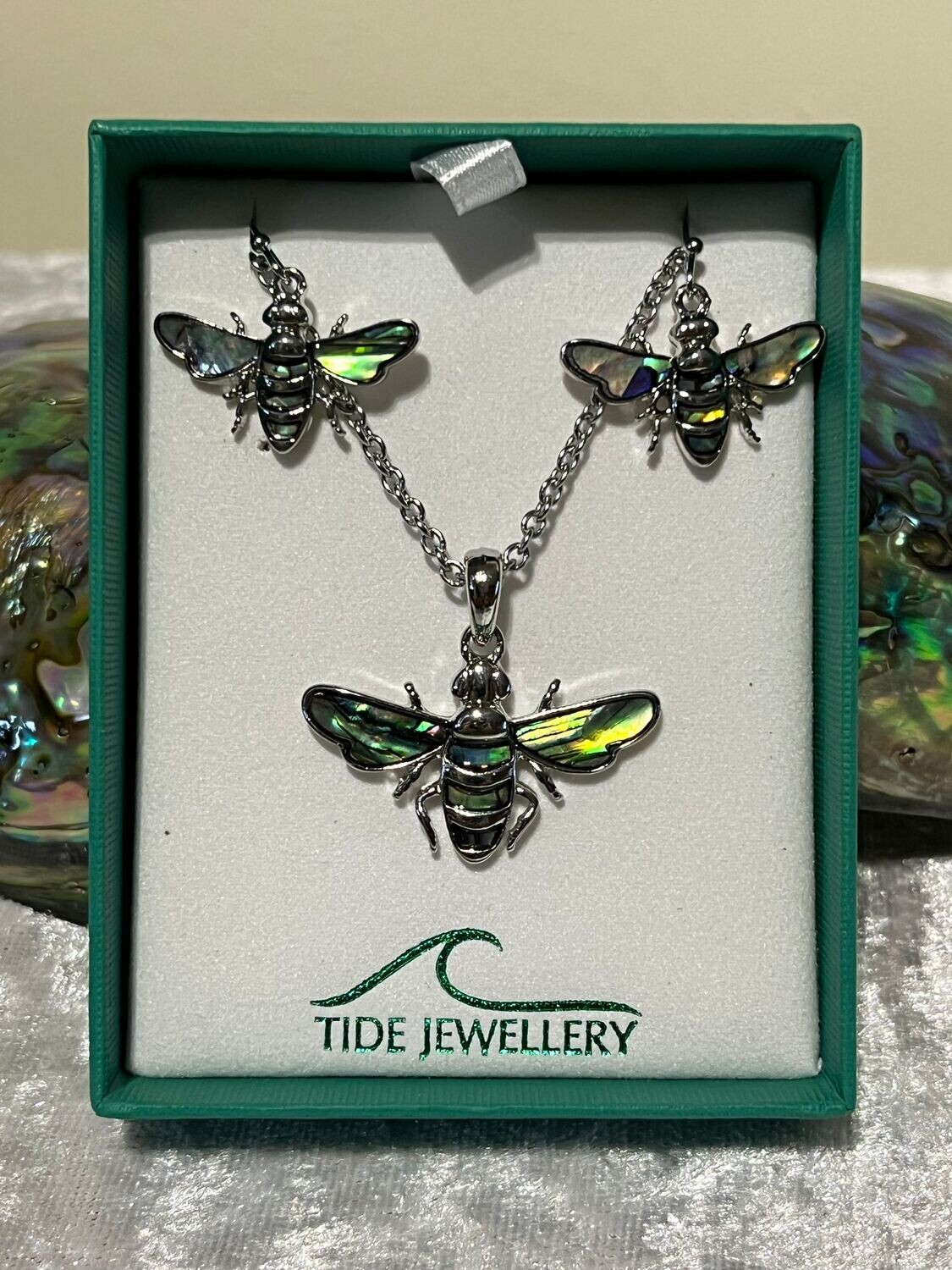Bee Paua Shell Necklace and Earrings Set