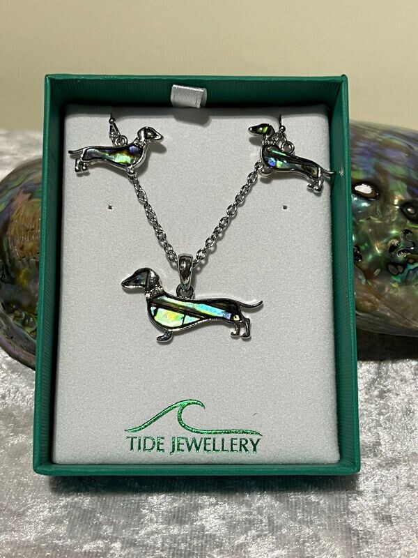 Dachshund Paua Shell Necklace and Earrings Set