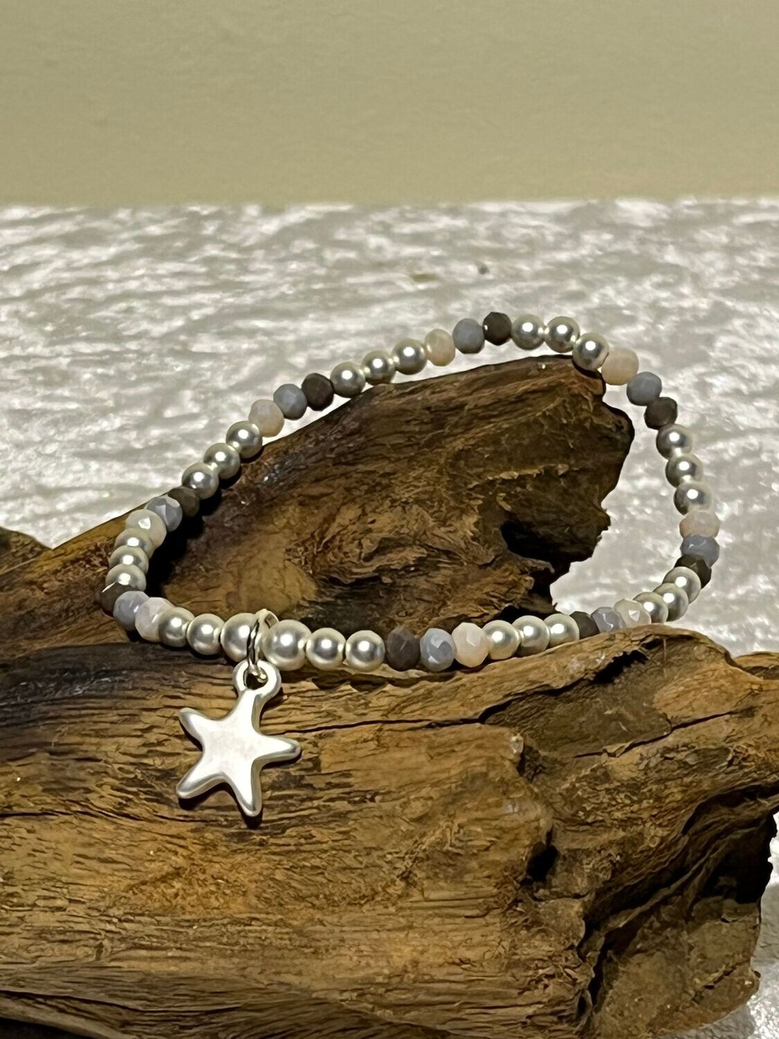 Silver Tone, Grey, Black and Cream Star Stretch Bracelet