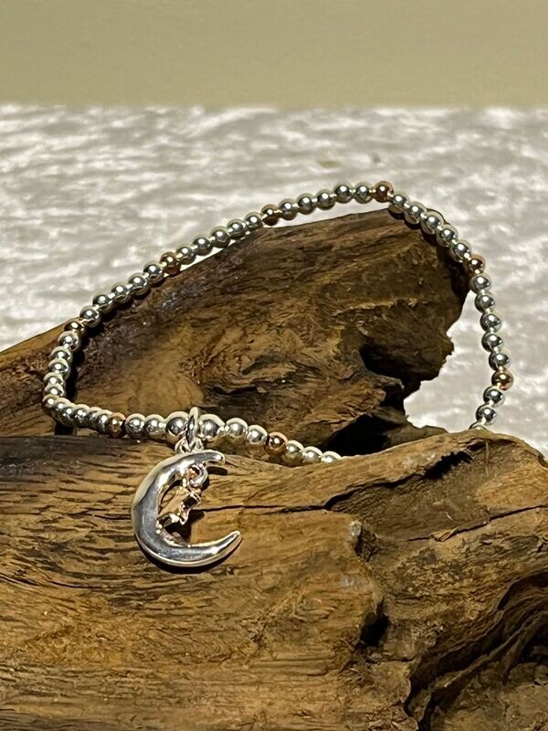 Silver and Rose Tone Moon and Stars Stretch Bracelet Silver and Rose Tone Moon and Stars Stretch Bracelet