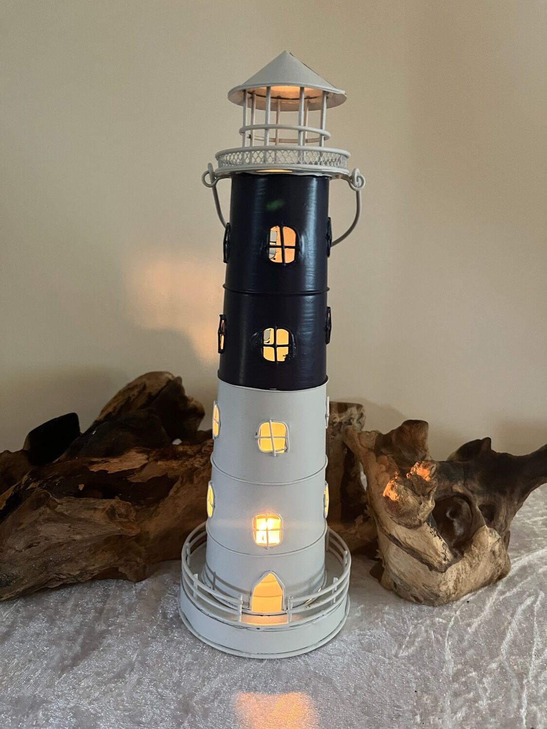 Navy and White Metal Tealight Lighthouse