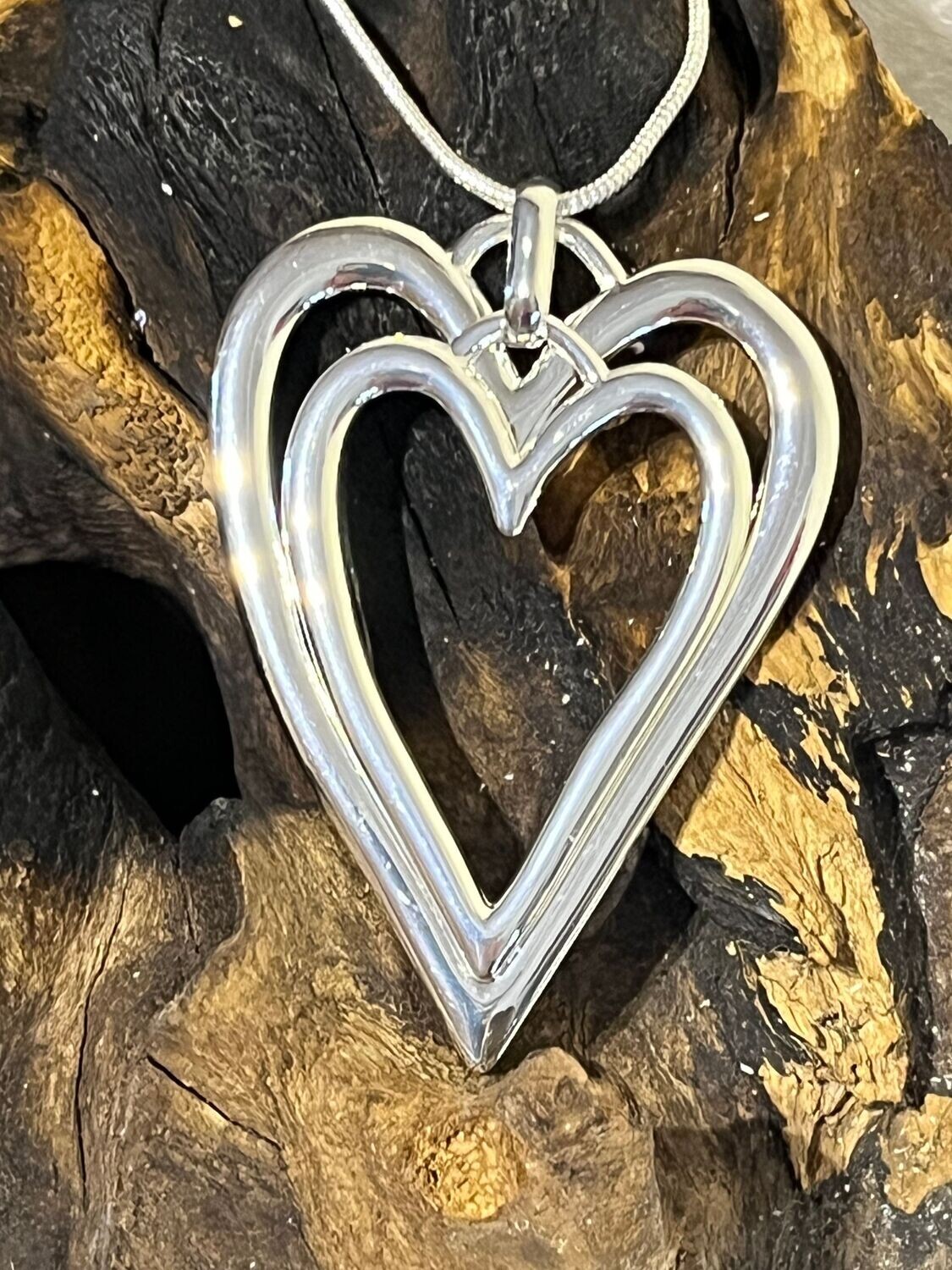 Double Heart Silver Tone Long Necklace