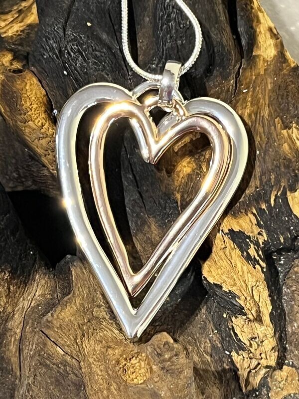 Rose and Silver Tone Double Heart Long Necklace